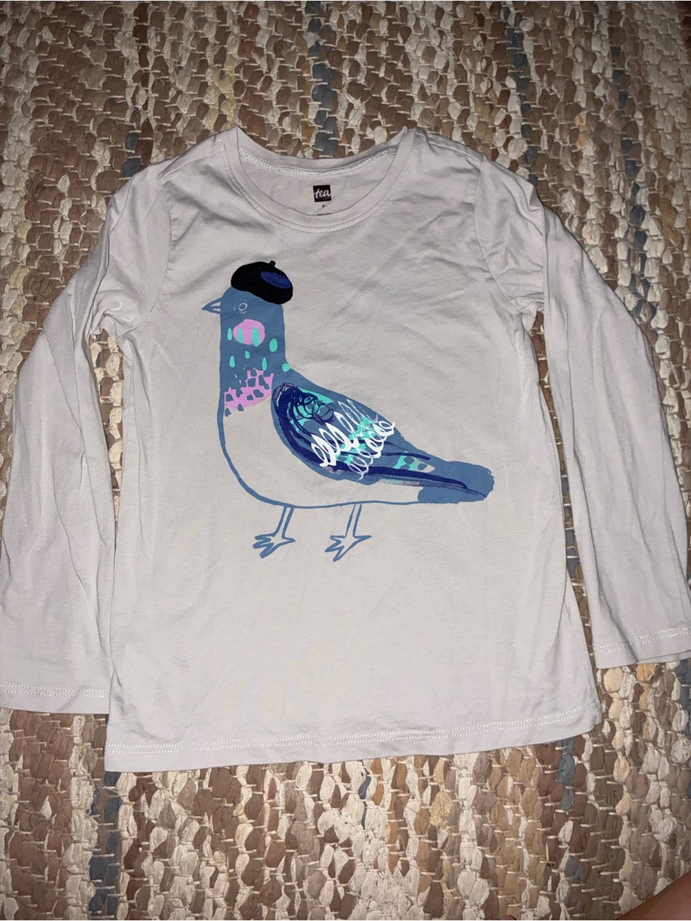 Tea Collection White Long-Sleeve Tee with Blue Pigeon Graphic